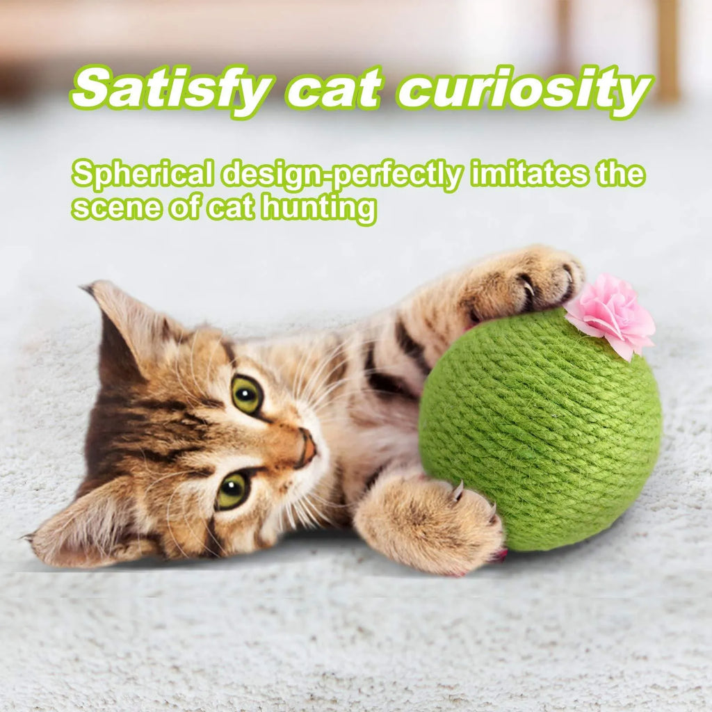 Green interactive cat scratcher ball with natural sisal cactus design and hanging accessories for indoor feline play