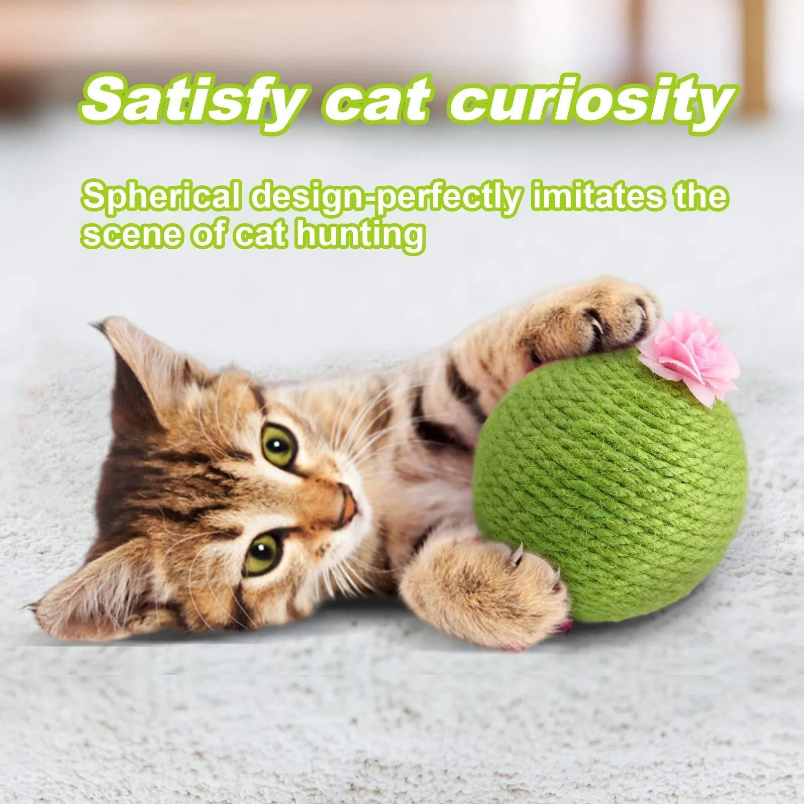 Green interactive cat scratcher ball with natural sisal cactus design and hanging accessories for indoor feline play