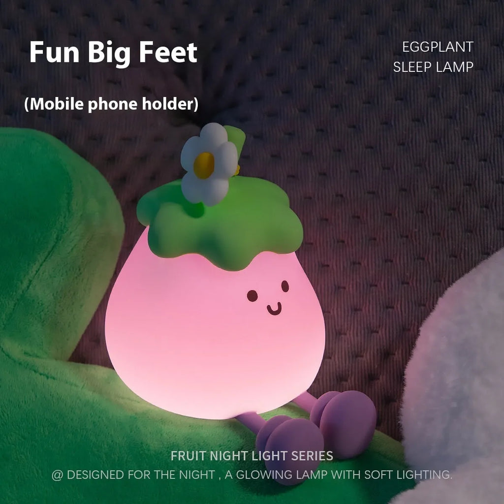 Cartoon eggplant and broccoli character night lamps with soft yellow ambience lighting