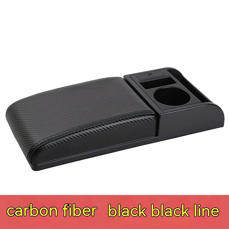 Universal car armrest cover with height adjustment in black PU leather with red stitching