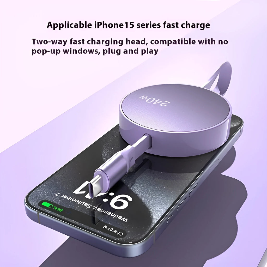 Purple telescopic Type-C data cable with aluminium alloy connector on white background