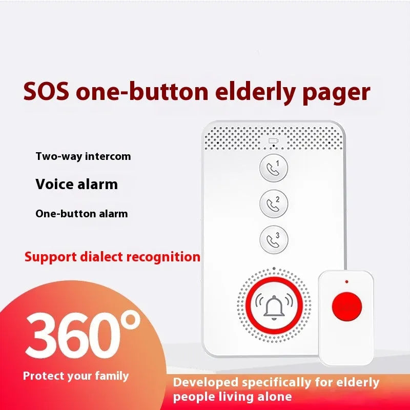 White elderly emergency alert device showing a buzzer base unit and three small wireless panic buttons.