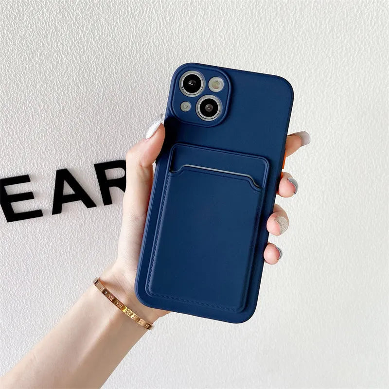 Sky blue silicone iPhone case with card slot for iPhone 13 14 15 16 series models