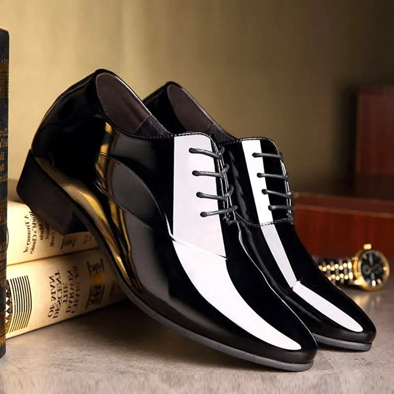 Men's black and brown pointed toe formal business shoes made from artificial PU leather.