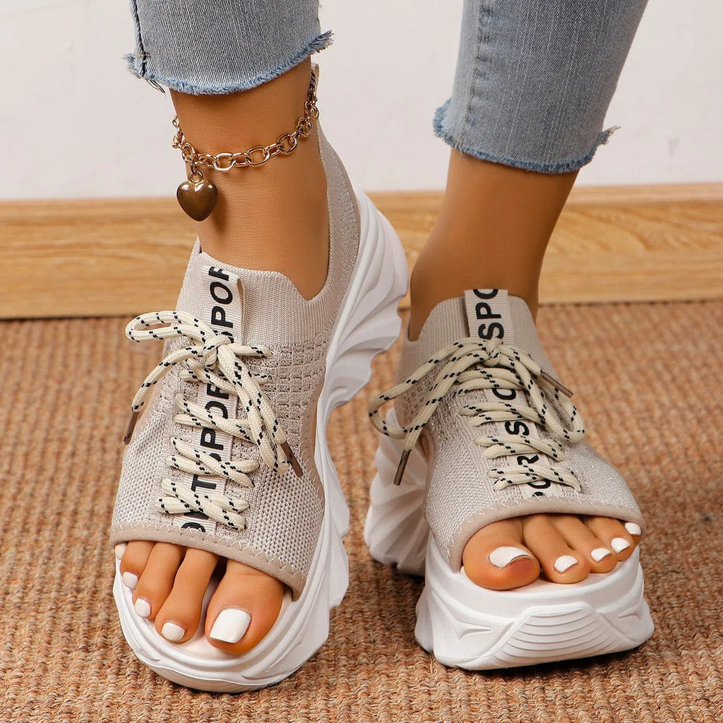 Women's hollowed-out mid heel mesh platform sandals in beige, front lace-up, round toe