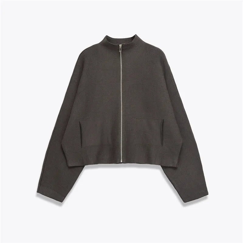 Women's striped stand collar zipper knitted coat, long sleeve, regular fit, polyester blend