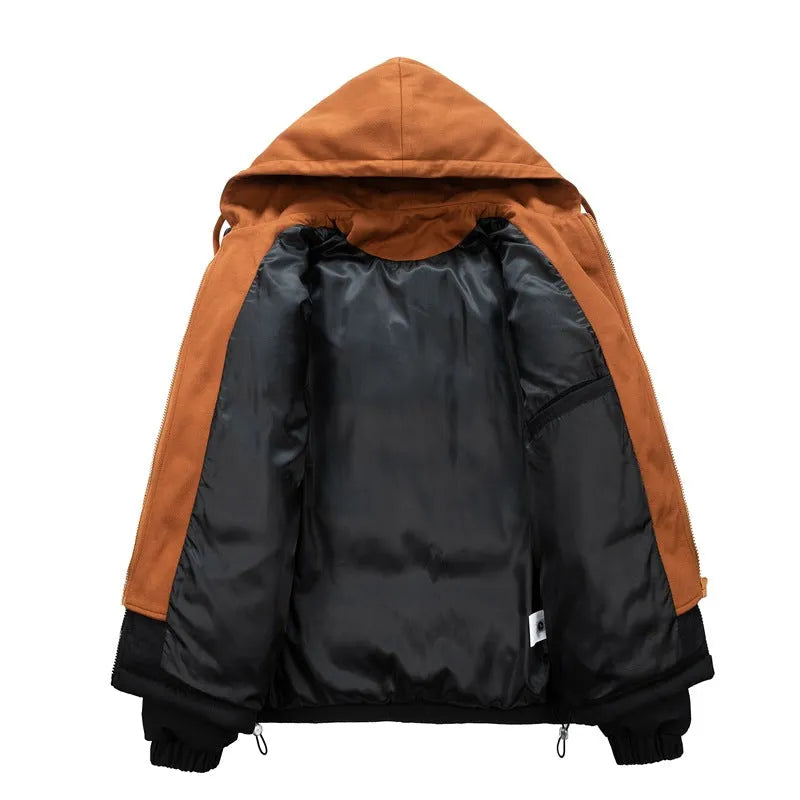 Men's loose casual hooded fake two-piece jacket in beige, side view, showing side pockets and straight hem