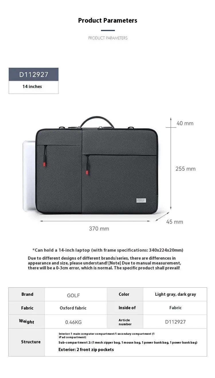 Men's 14-inch laptop protective sleeve in dark gray Oxford fabric with shoulder strap