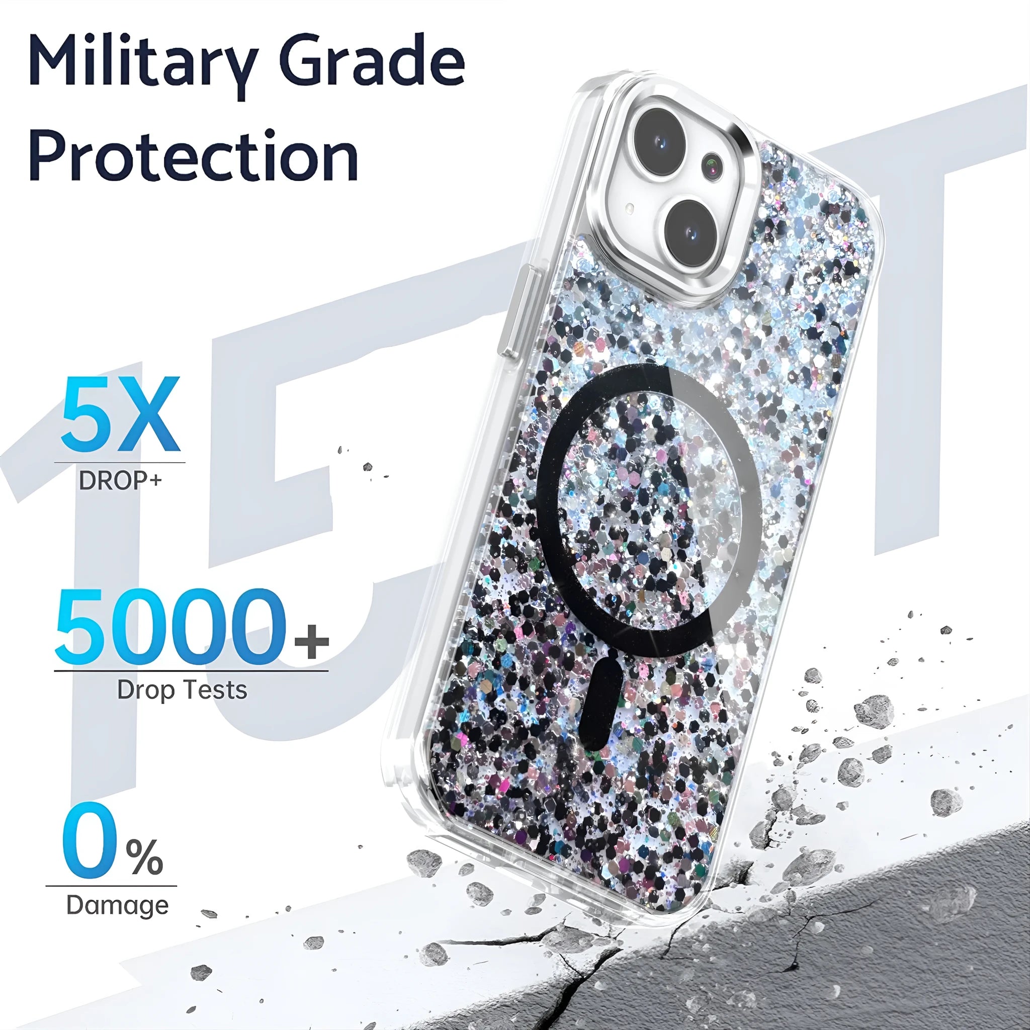Creative glitter sequins epoxy magnetic phone case for iPhone, transparent back, TPU, available in multiple colours compatible with IP12 to IP16 series