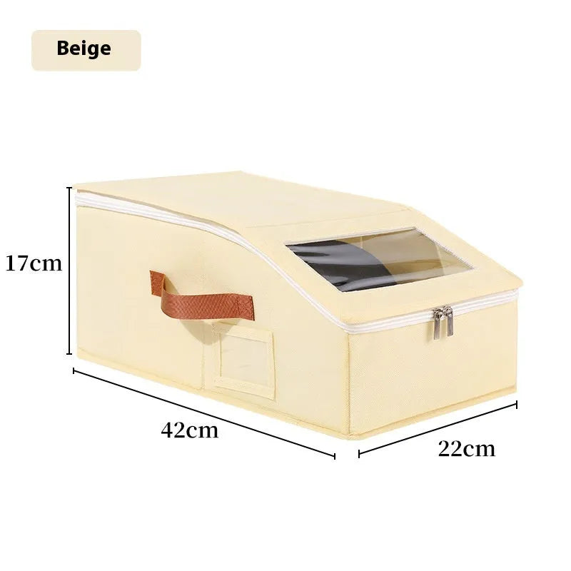 Grey foldable storage box with dimensions 42cm by 22cm by 17cm for cap and household organisation
