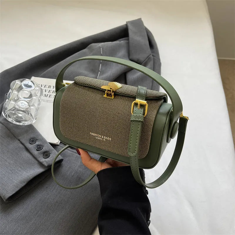 Women's PU leather messenger bag in horizontal square design with contrast stitching