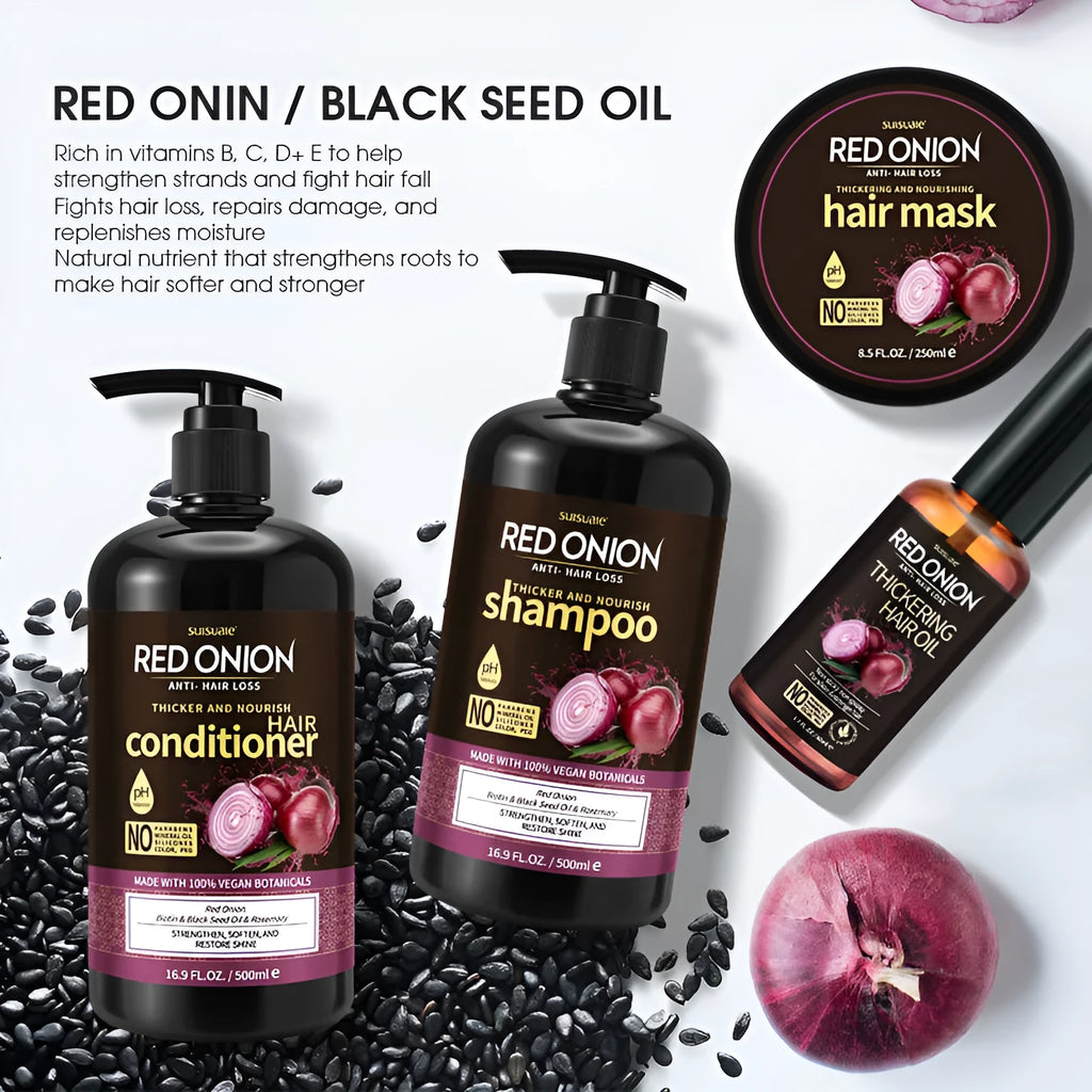 Red onion shampoo conditioner four-piece set showing shampoo, conditioner, hair mask and essential oil bottles
