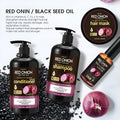 Red onion shampoo conditioner four-piece set showing shampoo, conditioner, hair mask and essential oil bottles