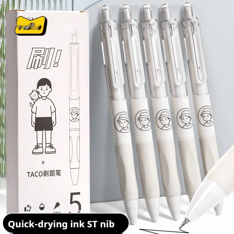 Five white plastic ballpoint pens with 0.5mm black refills for student writing