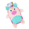 Blue bite-resistant stuffed dog toy with squeaker, safe for molar teeth, next to green and pink versions.