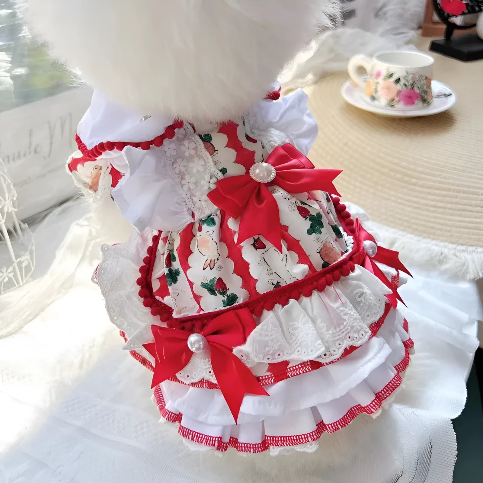 Small white dog wearing a light-coloured princess dress with a fluffy rabbit skirt attached.