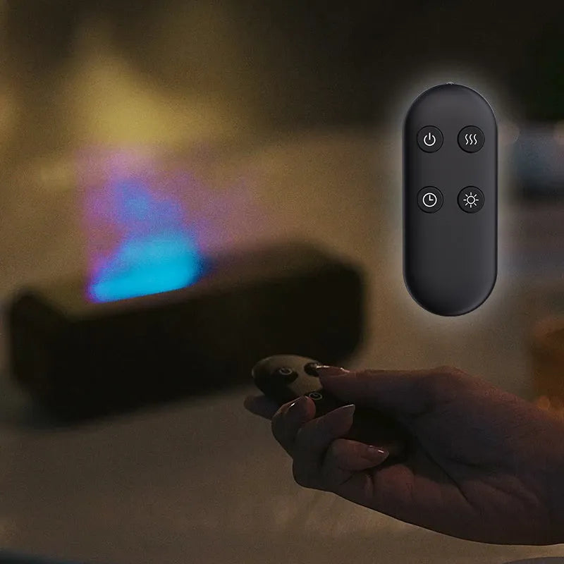Black and white USB aroma diffuser showing flame dynamic light effect and remote control.