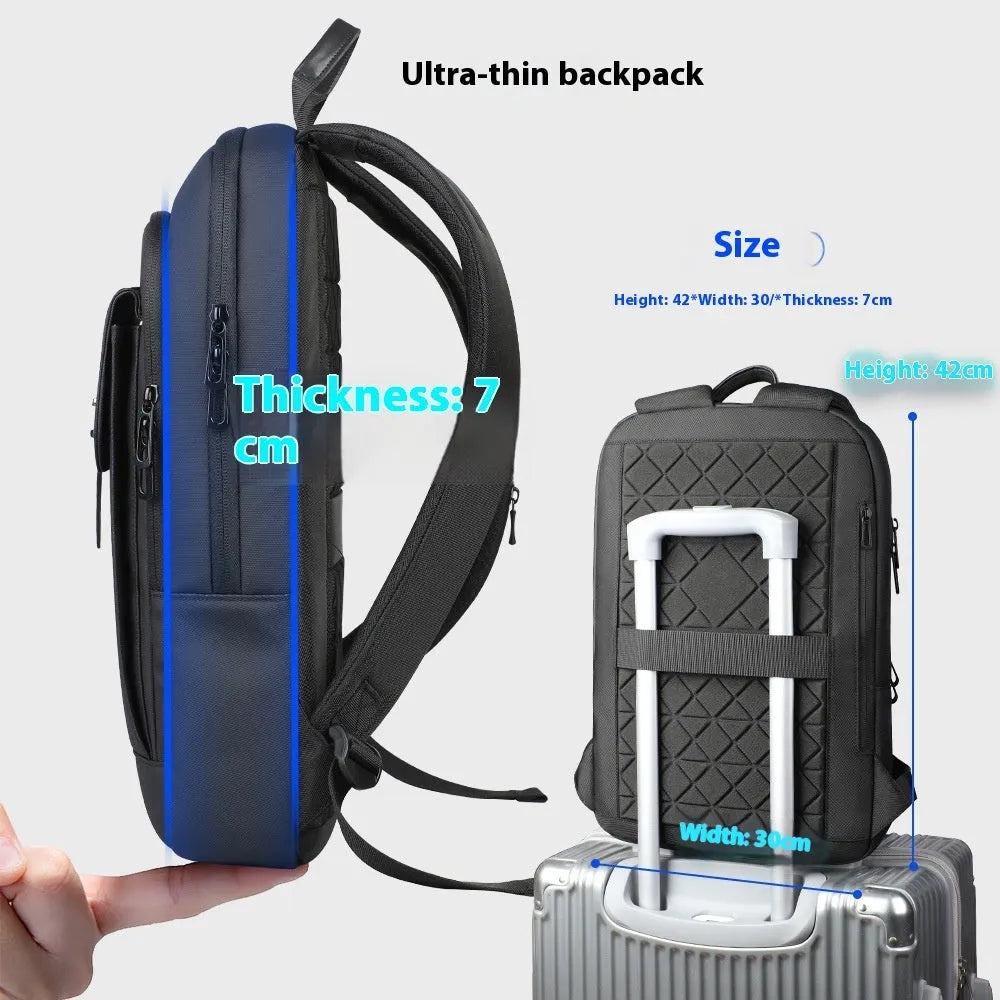 Black Oxford cloth backpack with visible stitching, shown on a neutral background