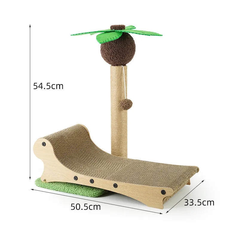 Solid wooden cat climbing frame with integrated hemp scratch board and beach chair-shaped nest for cats.