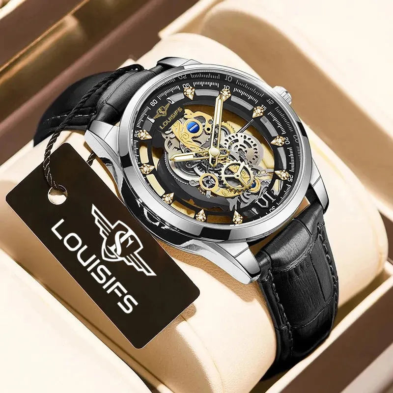 Swiss quartz men's business watch with a hollow metal case and brown leather strap.