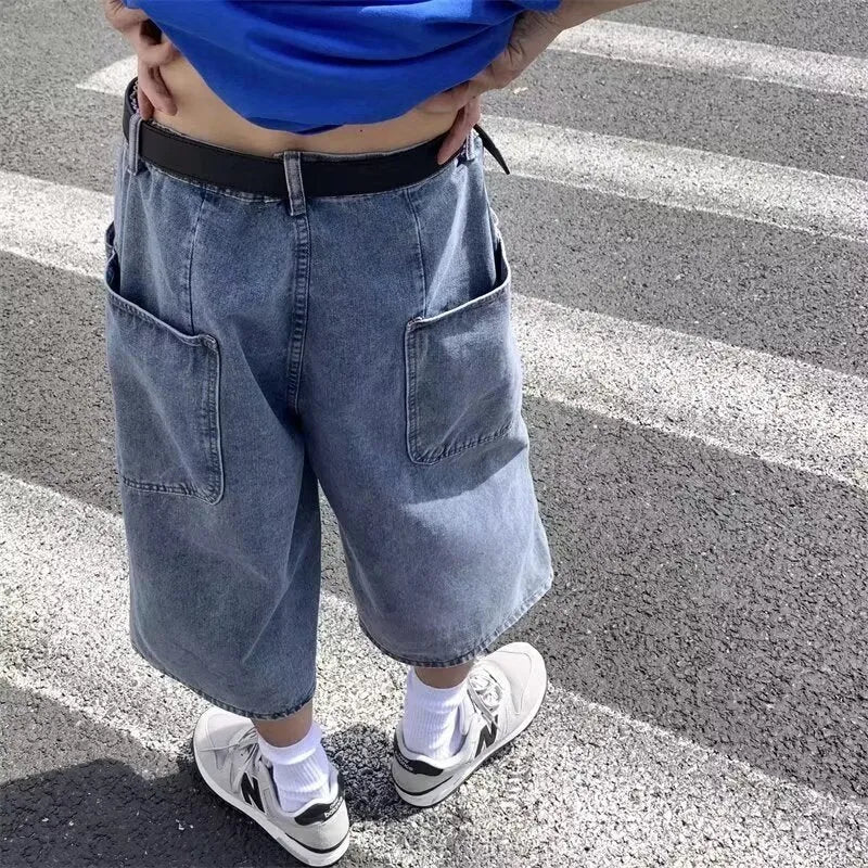 Men's blue washed denim shorts with high waist and cropped straight leg design