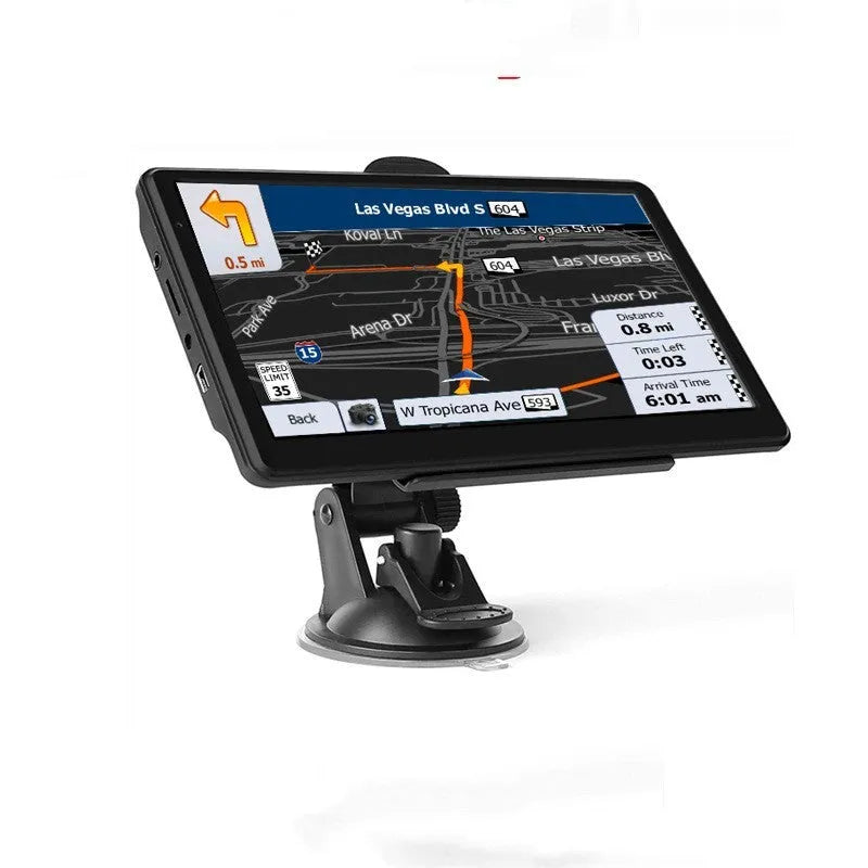 7 inch black portable car GPS navigation device mounted on dashboard with clear map display