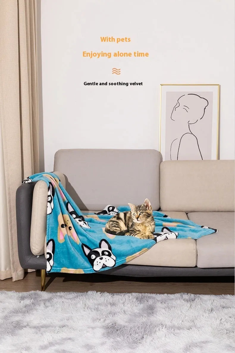 Cartoon anime pattern pet blanket with double-sided flannel construction in blue dog or dog's paw designs