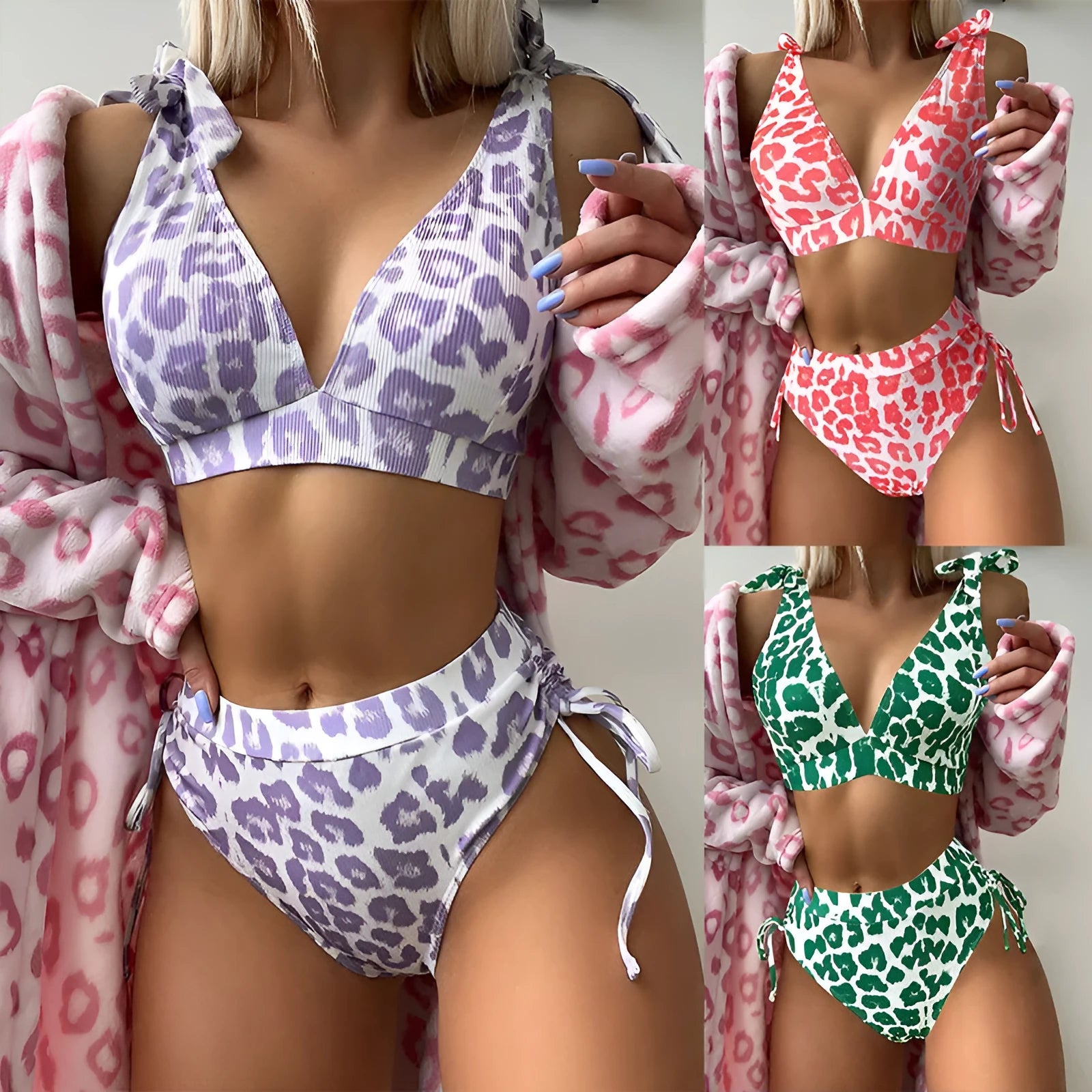Women's sleeveless lace-up chest cover high waist suit in purple leopard print on white background