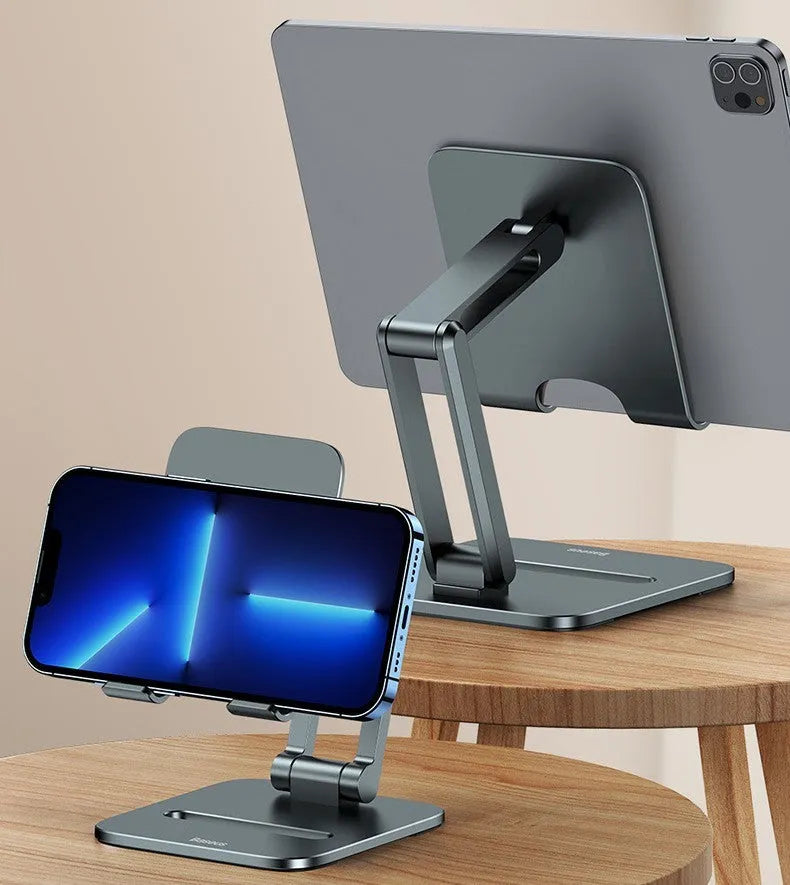 Deep space grey aluminium folding stand holding a tablet next to its compact folded size.
