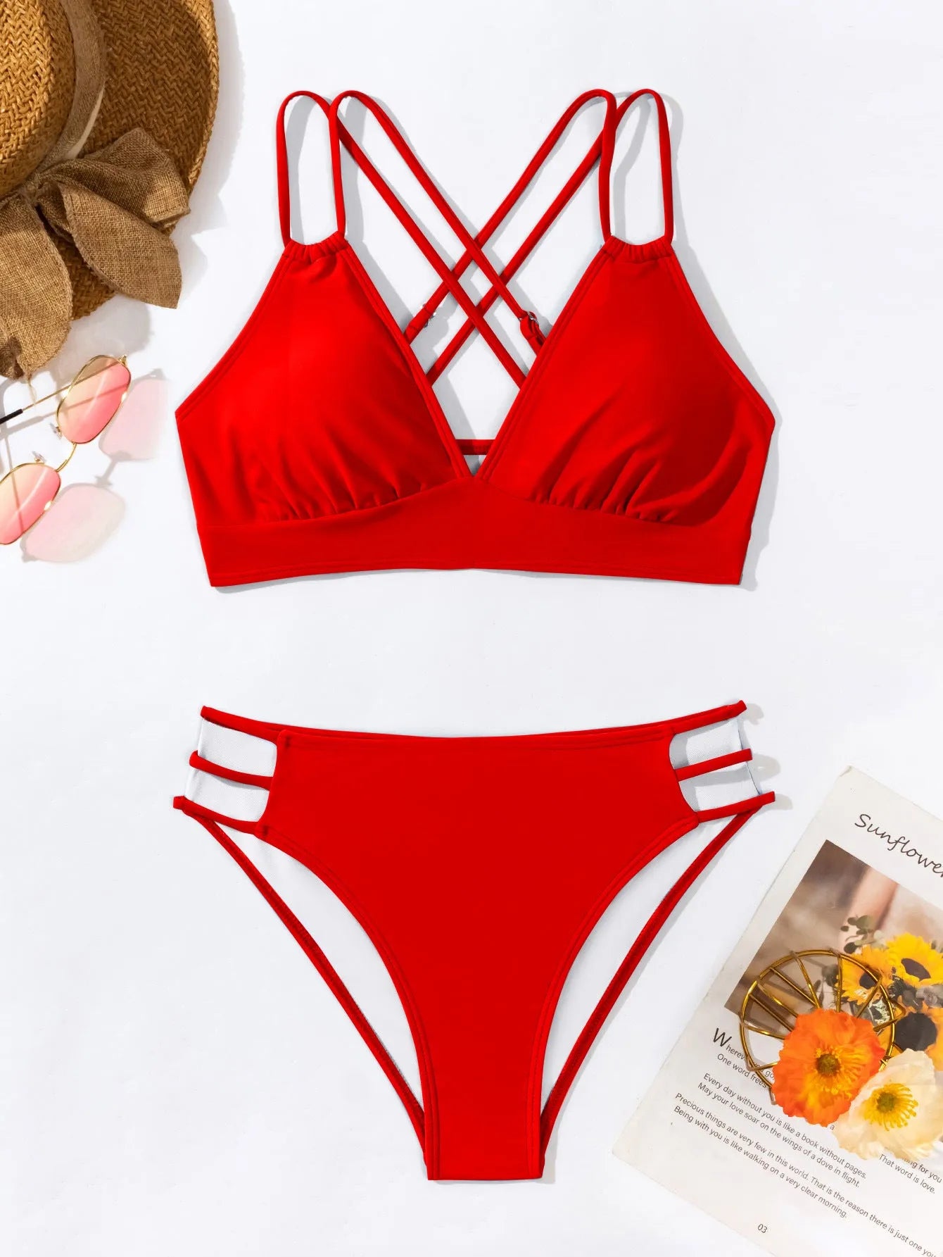 Women's V-neck halter bikini swimsuit in nylon fabric with bra and shorts