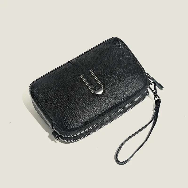 Minimalist top-grain leather crossbody bag in khaki with splicing detail and inner pockets