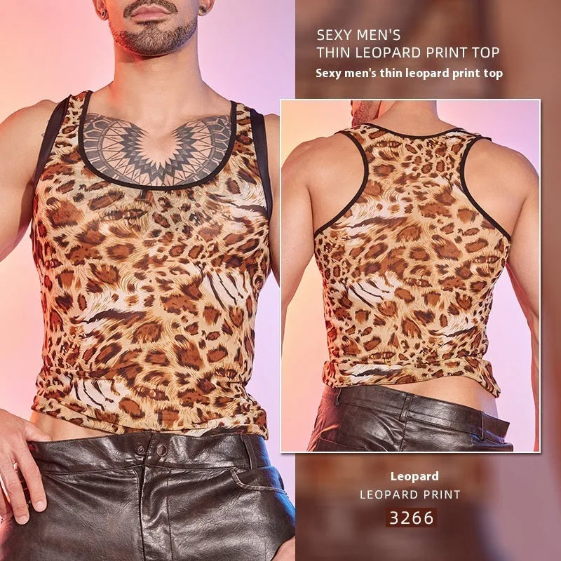 Men's leopard print mesh lingerie top on a mannequin, showing the breathable fabric and free-size fit.
