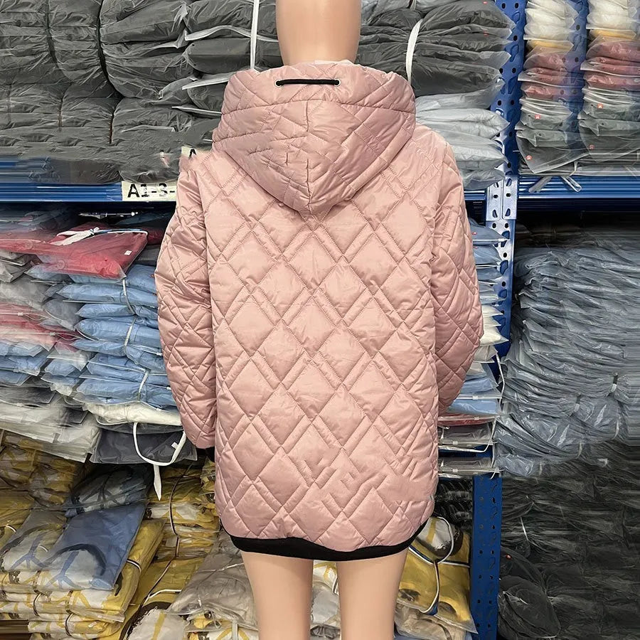 Women's casual hooded coat in black or pink, showing long sleeves and relaxed fit.