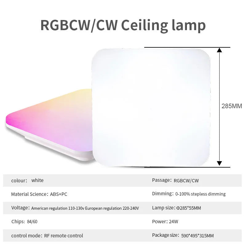 Square RGBCW full colour ceiling light with remote control, 24W, modern style on white background
