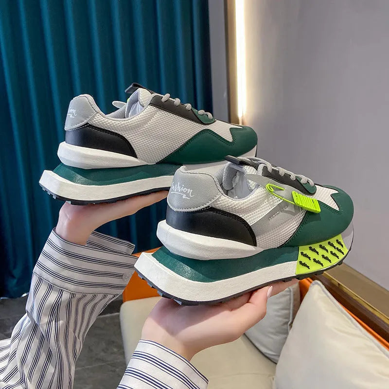 Women's breathable faux leather trainers with 3-5cm mid heel, mesh lining, rubber sole, in yellow green blue