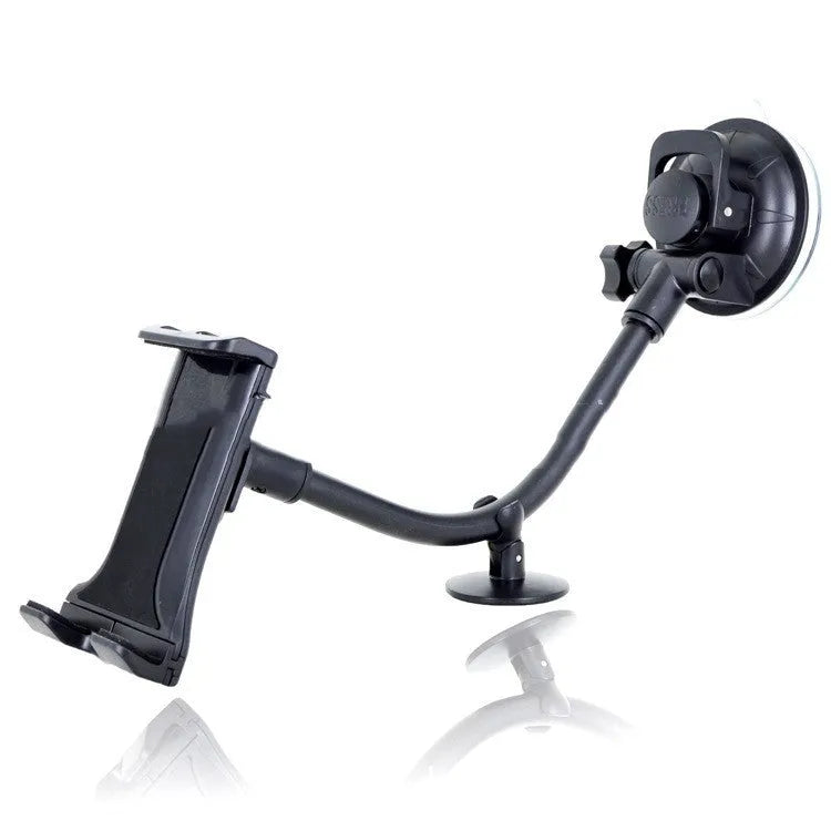 Black universal vehicle-mounted tablet and phone holder with suction cup on a car dashboard