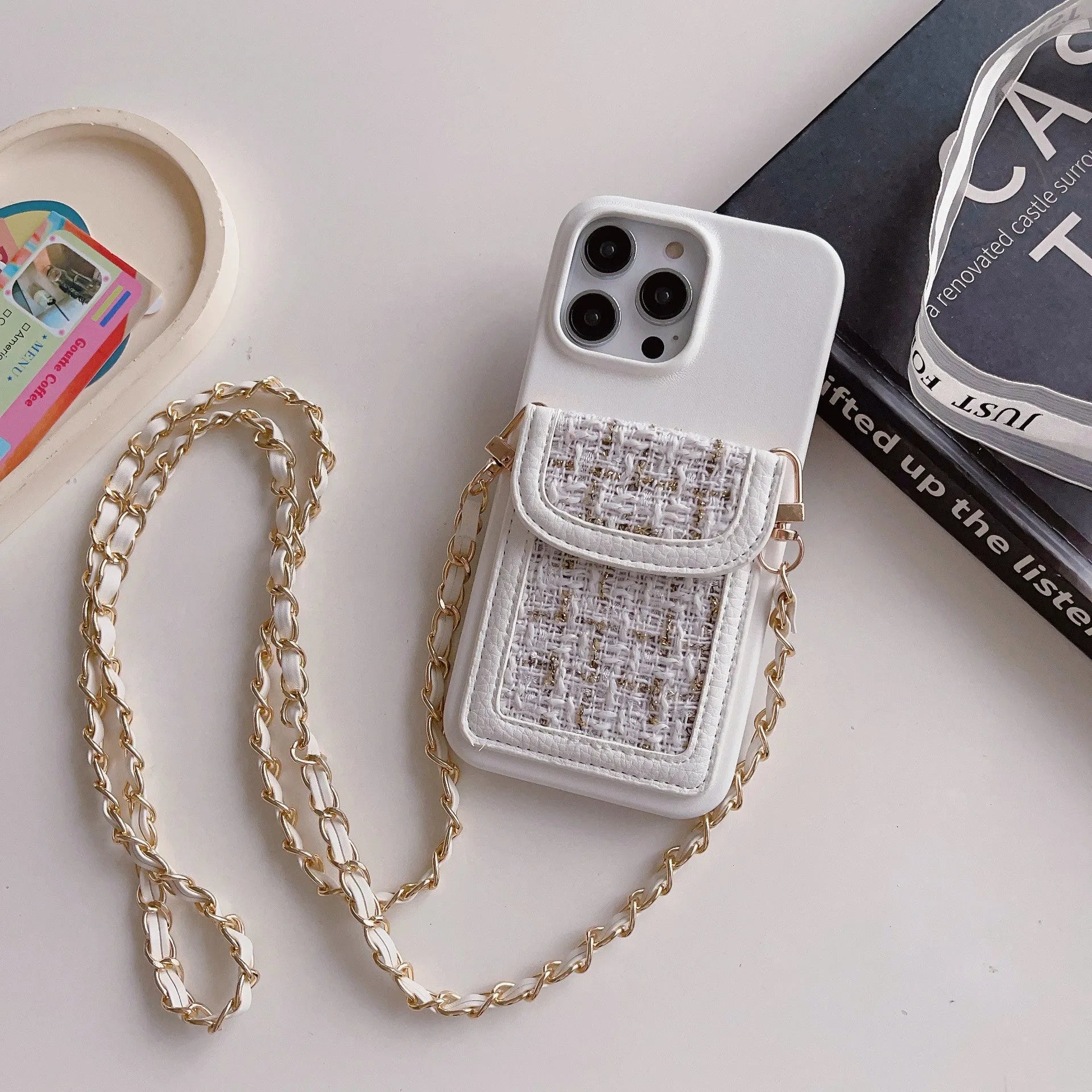 PU leather crossbody chain card holder phone case for iPhone, woven pattern, frosted finish, black colour option