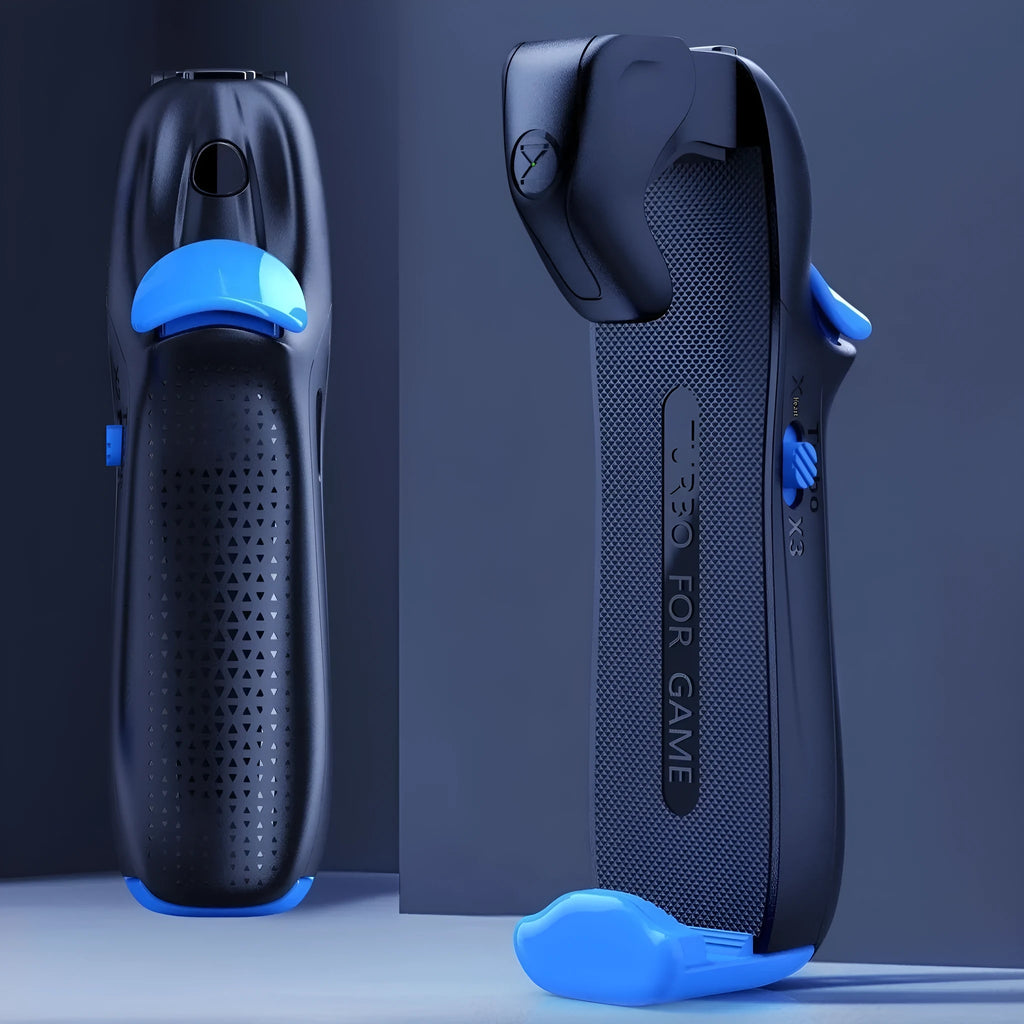 Blue mobile game controller with chicken eating button and Type-C connection for PUBG touch screen