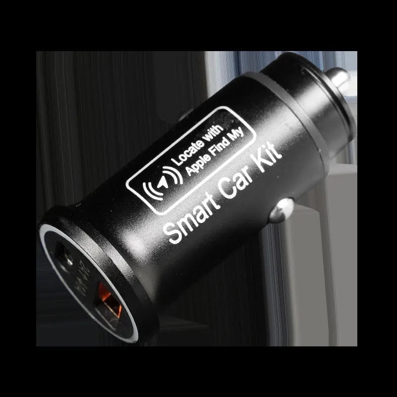 Black car GPS locator with a 12V cigarette lighter plug and a coiled 1.5-metre power cable on a dark surface.