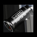 Black car GPS locator with a 12V cigarette lighter plug and a coiled 1.5-metre power cable on a dark surface.