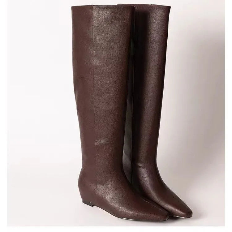 Retro style square toe tall knight boots in black with mid heel and cowhide upper