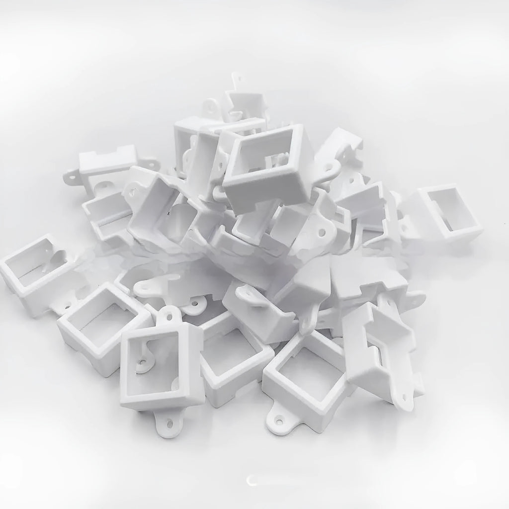 White plastic protective cover for an LED light bracket, shown with dimensions.