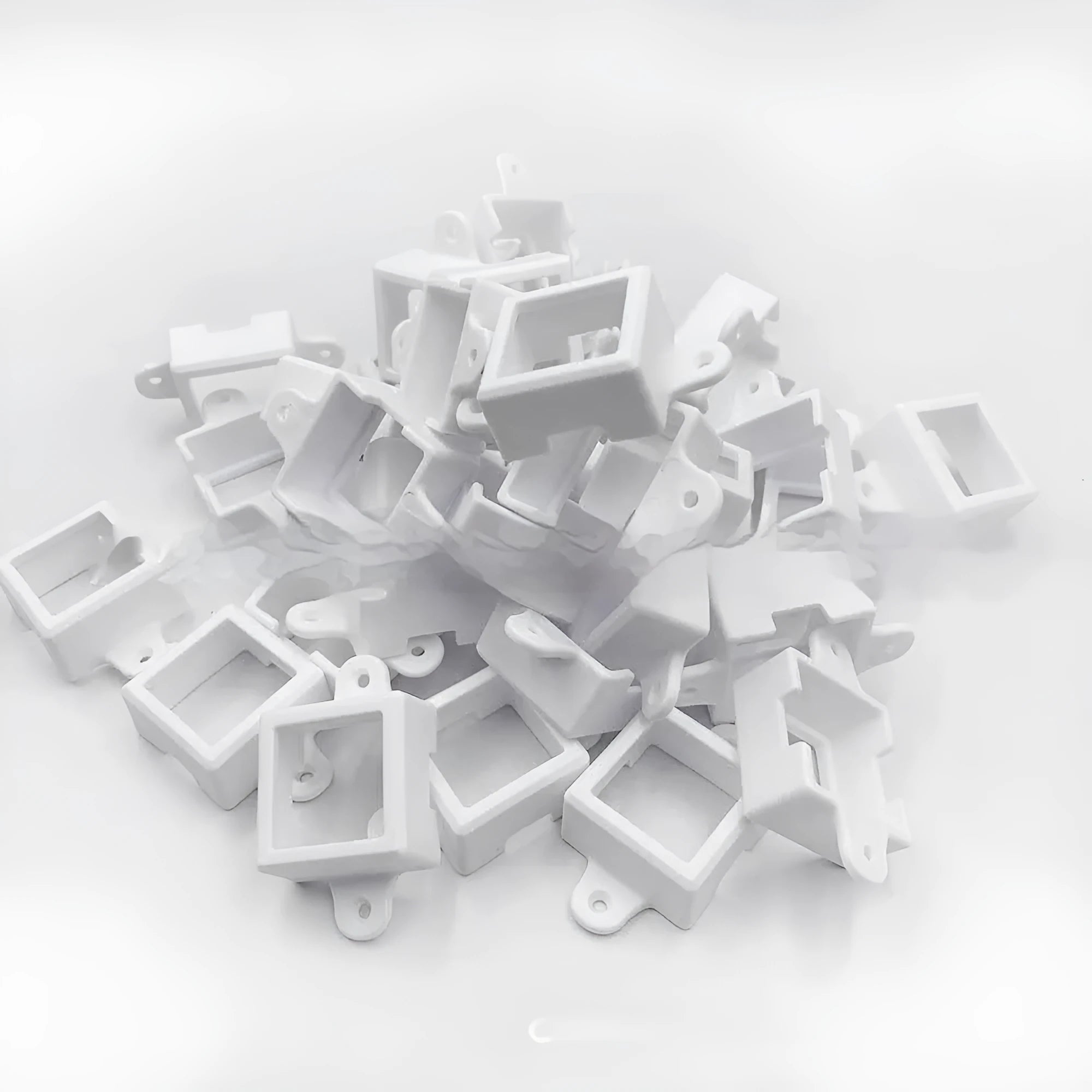 White plastic protective cover for an LED light bracket, shown with dimensions.