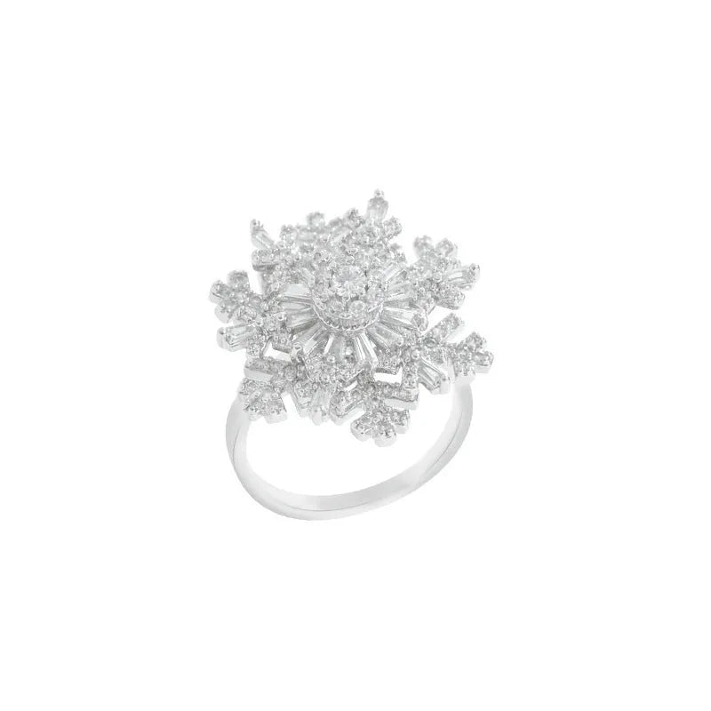 Rotating snowflake ring for women, copper with electroplated finish, adjustable opening, silver colour