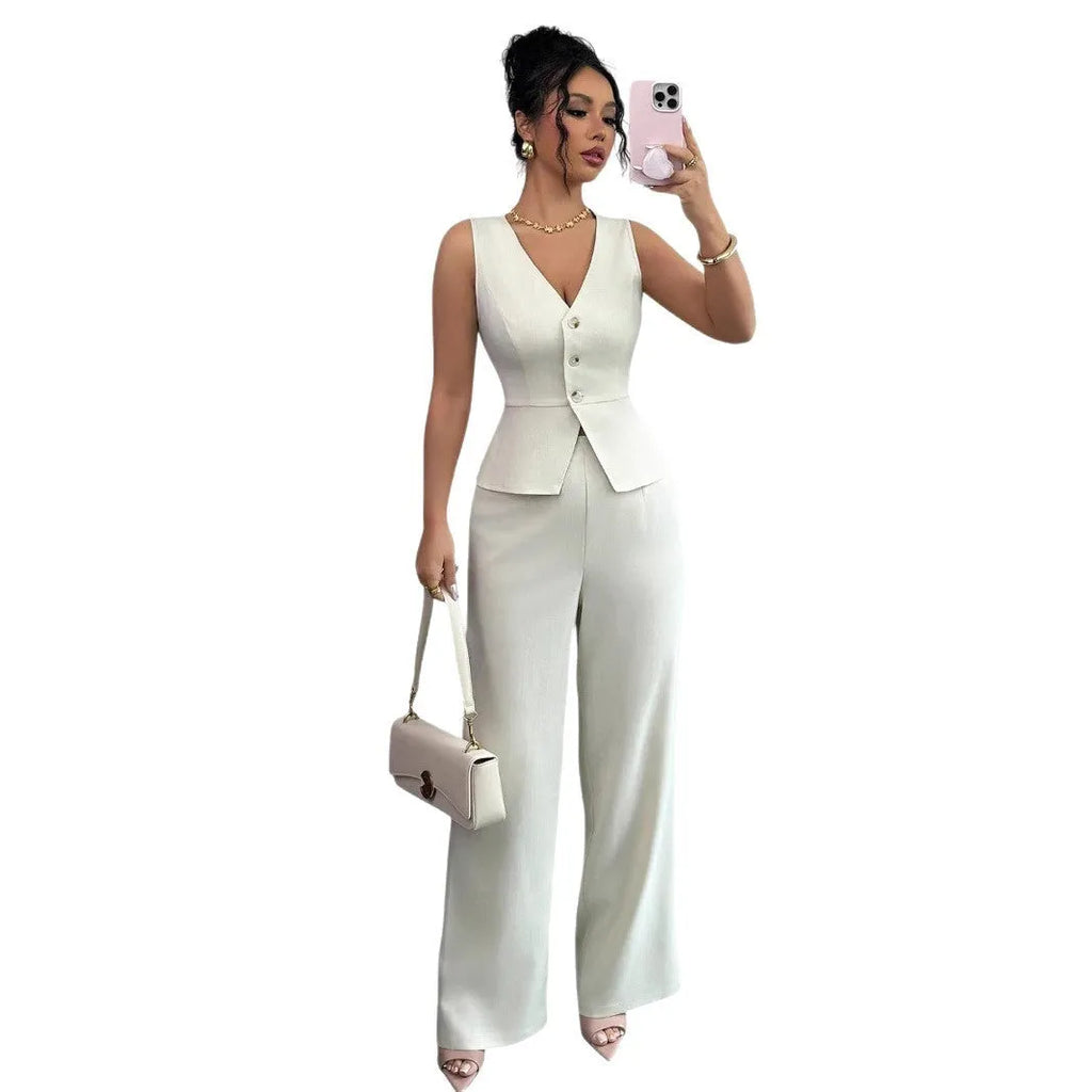 Women's solid colour sleeveless vest and high waist trousers two-piece set in casual style