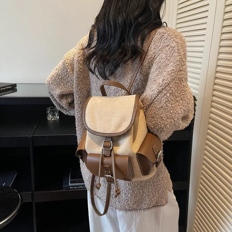 Retro textured PU women's backpack in beige with stitched detailing and outer sandwich pocket