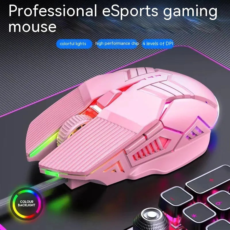 6D colourful luminous wired mouse in black, white, or pink with USB cable for desktop gaming or office use