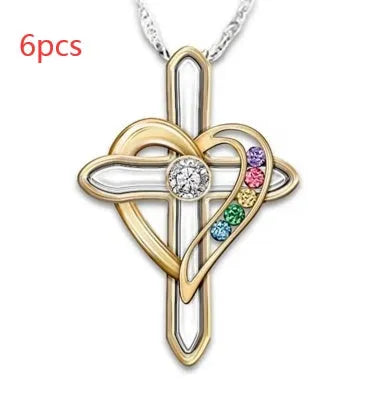 Men's cross love alloy pendant necklace with colourful imitation gemstone on adjustable chain