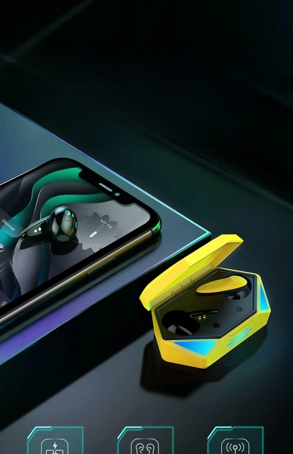 G20 Bluetooth TWS gaming headset with charging compartment, PC ABS sports earplugs, black white yellow