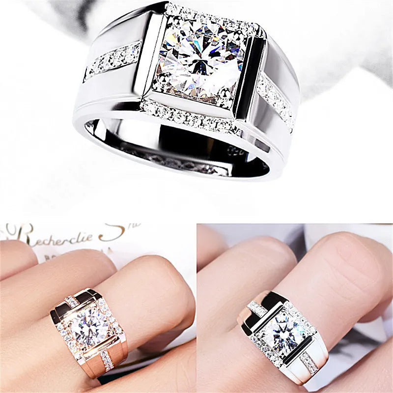Men's geometric diamond zircon ring with adjustable opening in copper with electroplated finish